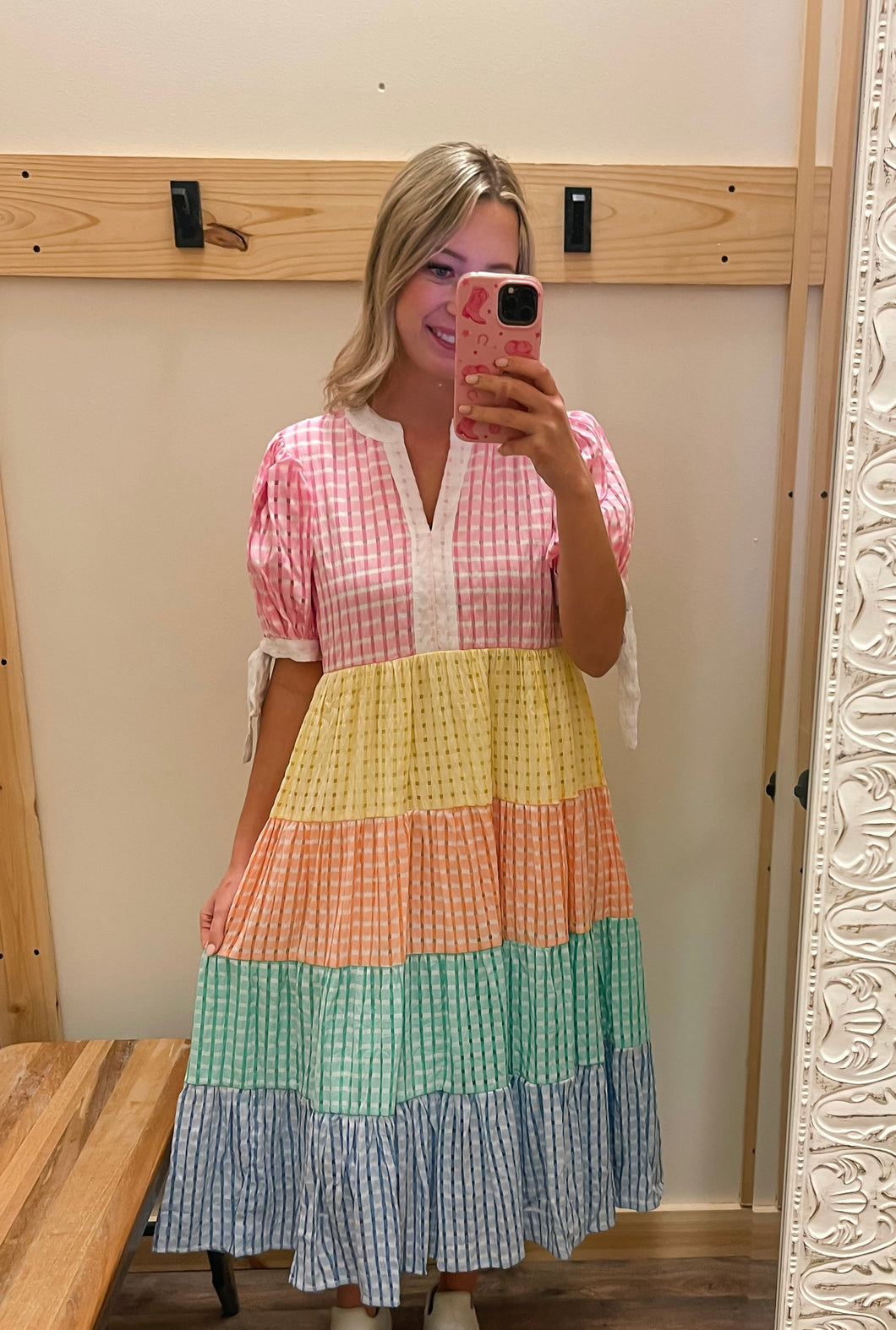 Colorblock Gingham Midi Dress