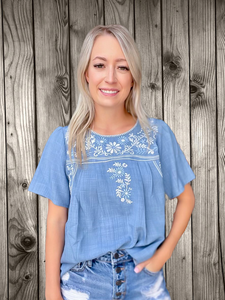 Denim Embroidered Top