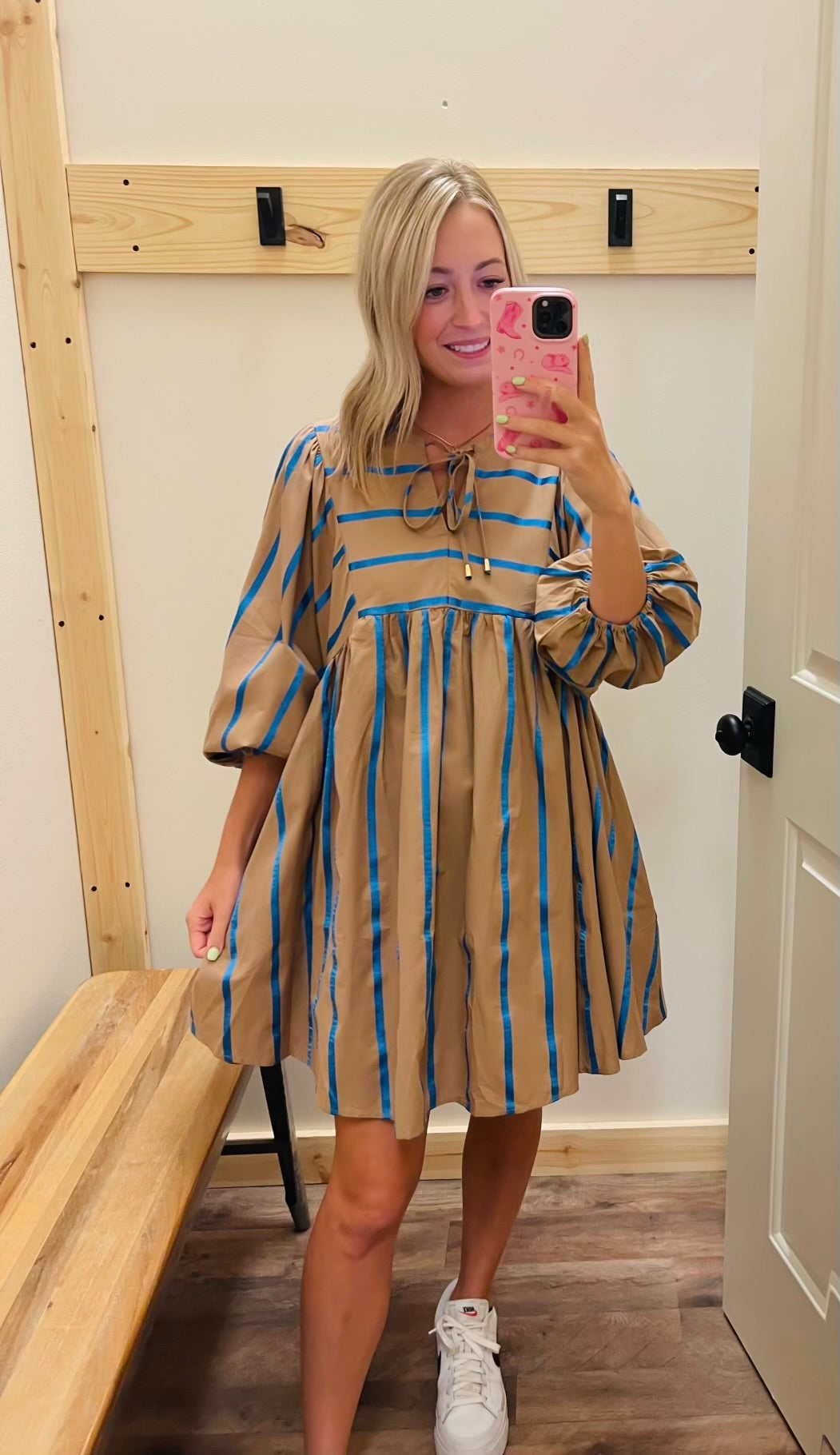 Tan & Blue Shimmer Stripe Dress