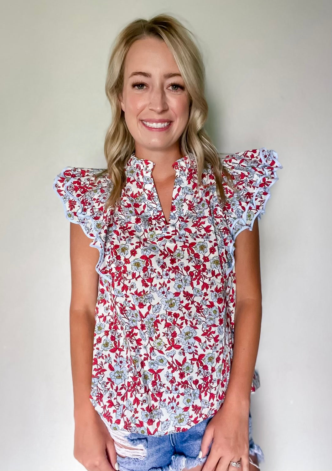 Red & Blue Floral Top