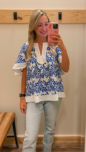 White & Royal Eyelet Top