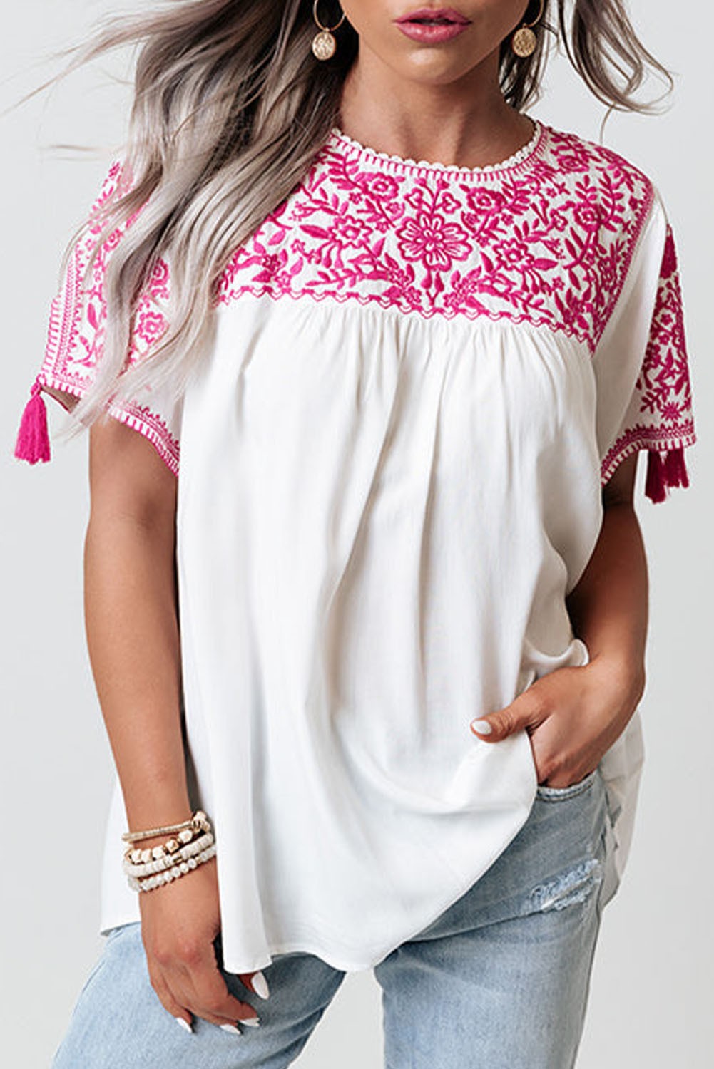 White Top w/ Pink Embroidery