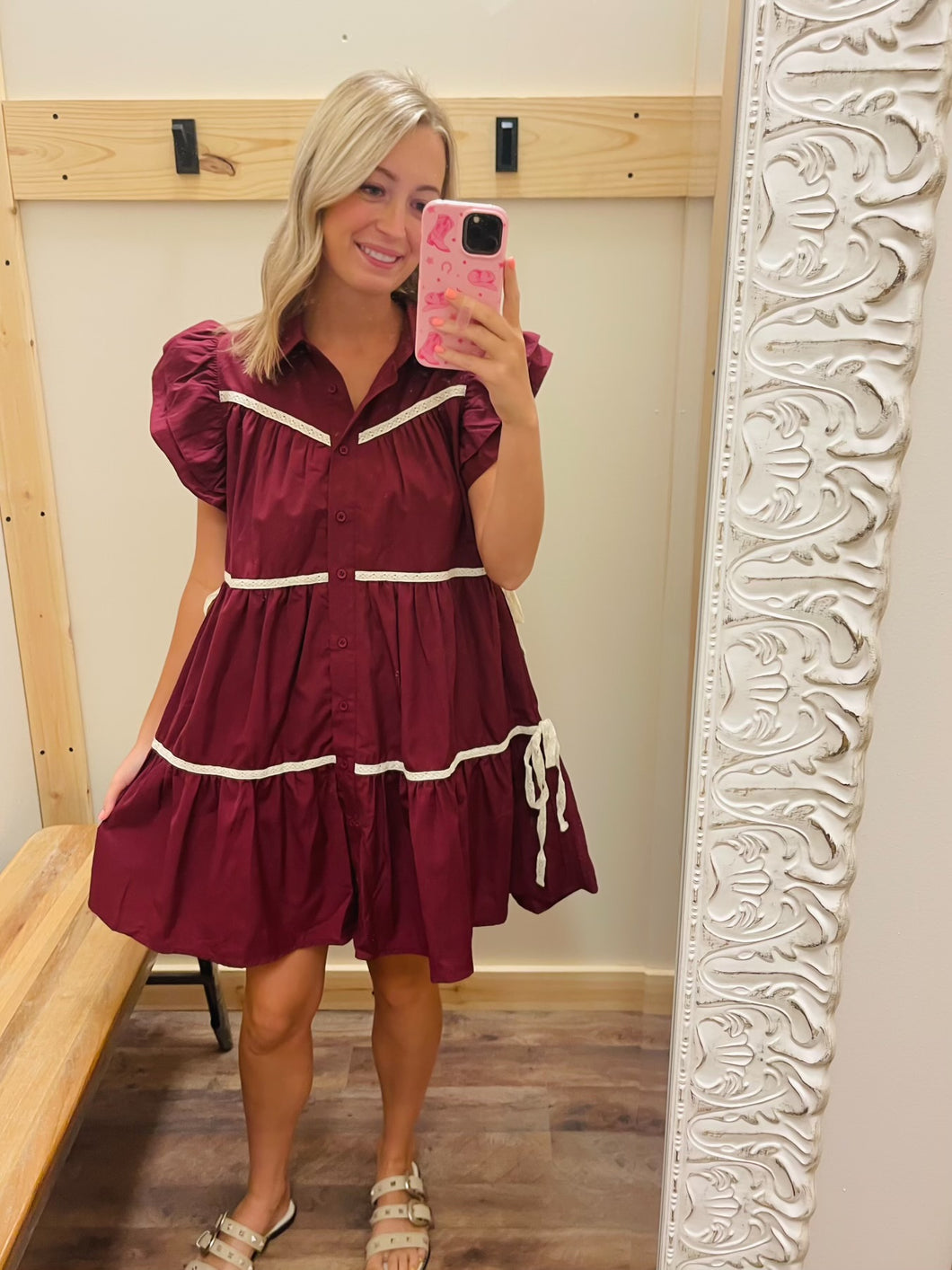 Maroon Flutter Sleeve Dress