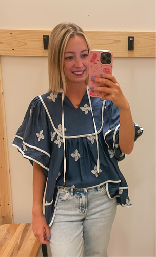 Blue Embroidered Floral Top