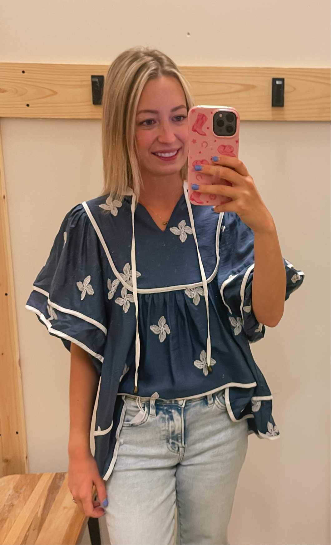Blue Embroidered Floral Top