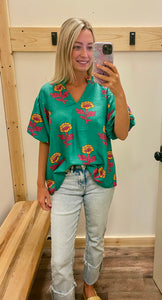 Kelly Green & Pink Floral Top