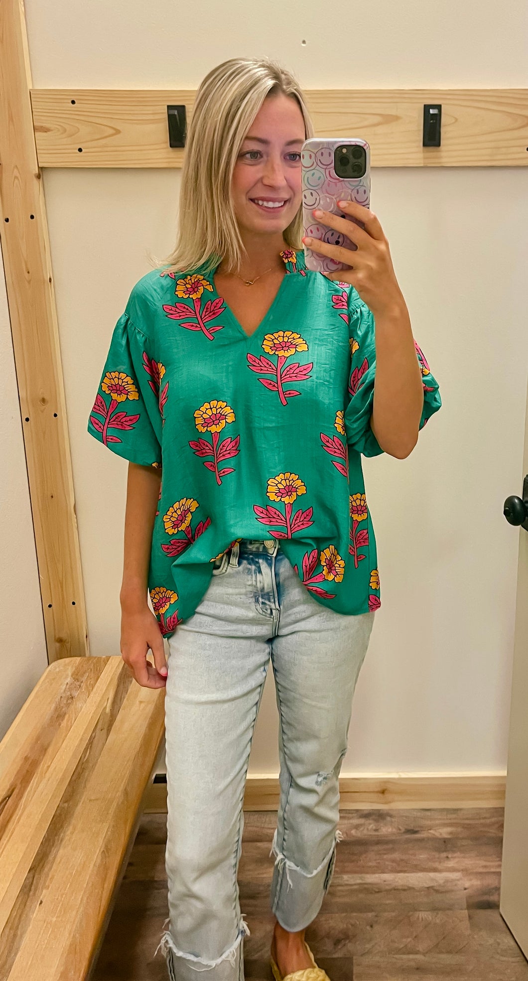 Kelly Green & Pink Floral Top