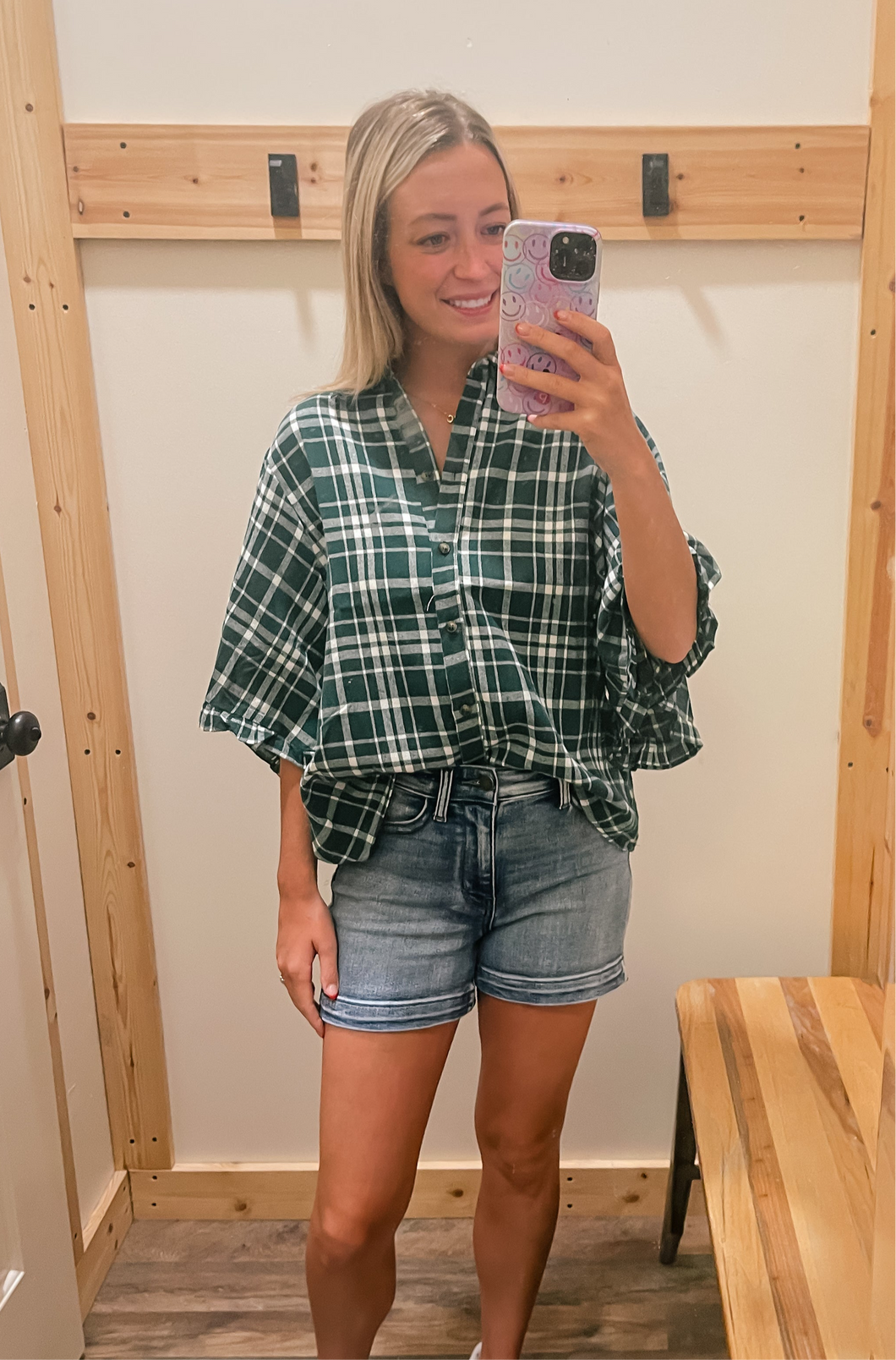 Plaid Green Ruffle Button-Up Top