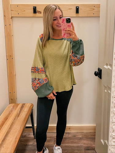 Green Floral Waffle Top