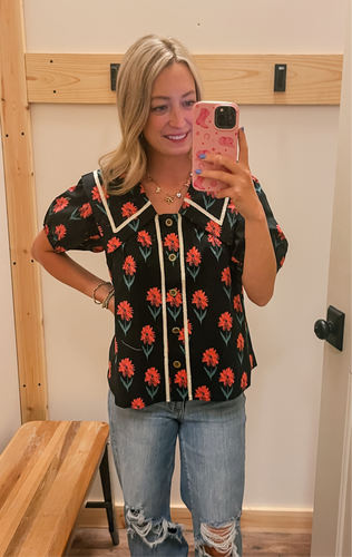 Black & Coral Floral Top