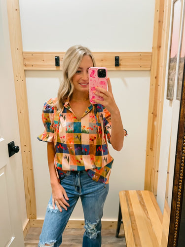 Peach Multi Color Floral Patch Top