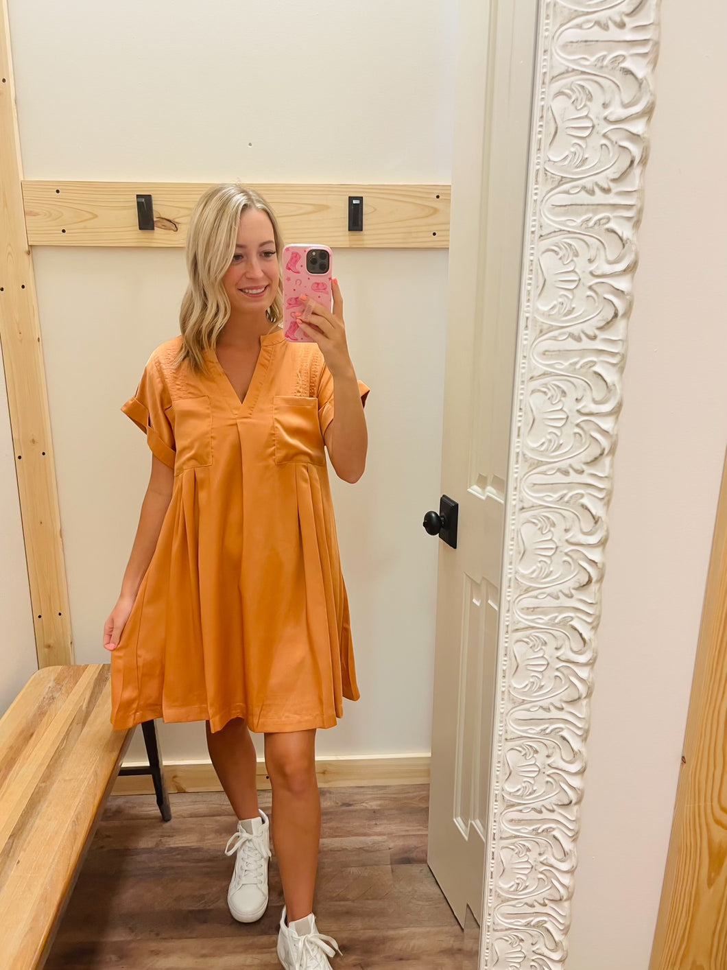 Pumpkin Satin V-Neck Dress