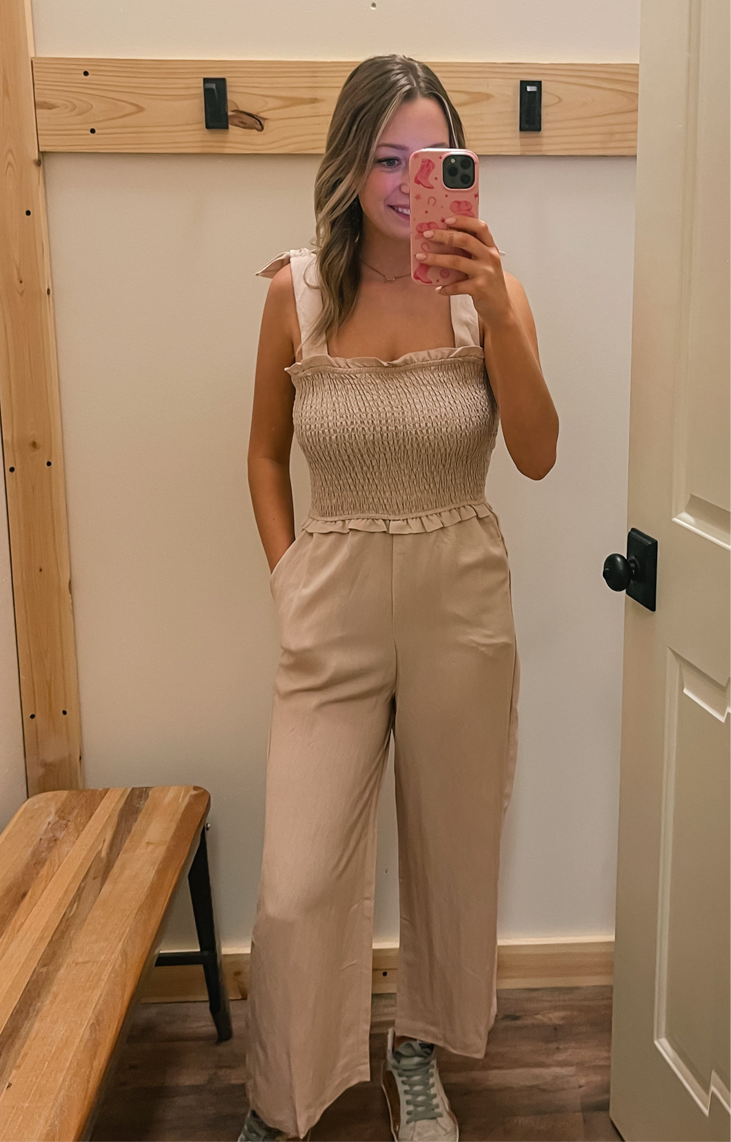 Tan Smocked Jumpsuit