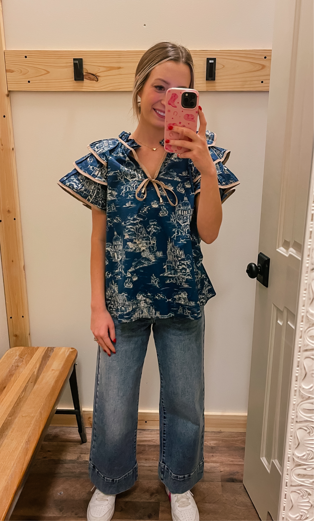 Blue Ruffle Top w/ tan Trim