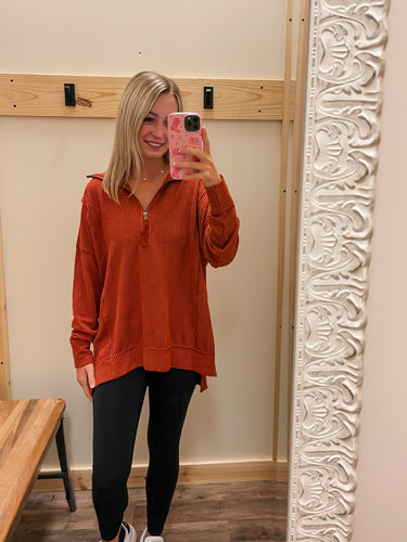 Rust Ribbed Half ZIp Top