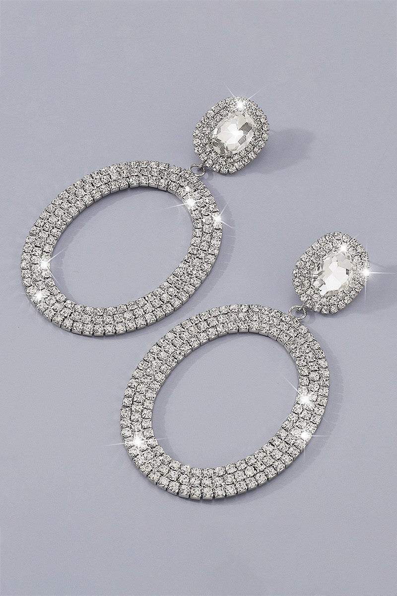 Large Sliver Oval Rhinestone Earrings