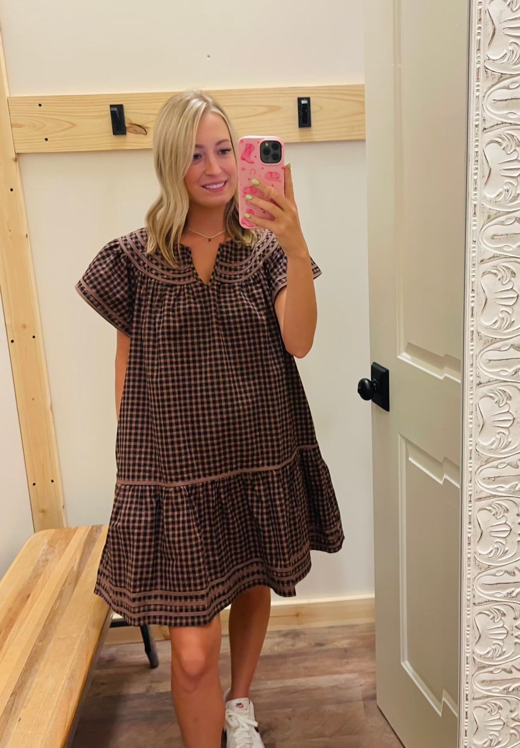 Black & Brown Gingham Ruffle Dress