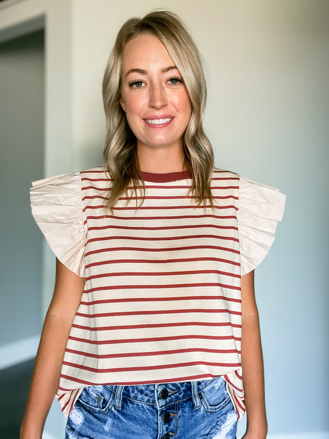 Brick Stripe Ruffle Top