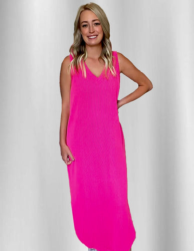 Hot Pink Ribbed Sleeveless Dress