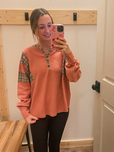 Peach Plaid Button Henley