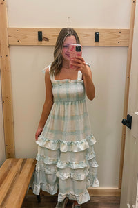 Mint & Tan Plaid Ruffle Maxi Dress