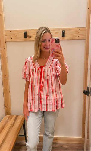 Red & Pink Stripe Bow Top