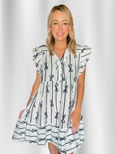 Load image into Gallery viewer, White &amp; Navy Bow Dress