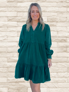 Green Corduroy Tiered Dress