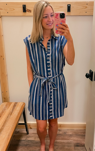 Navy Pinstripe Dress w/ Self Tie
