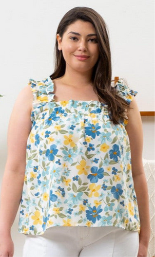 Blue Floral Ruffle Top