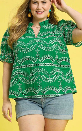 Kelly Green Eyelet Embroidered Top