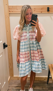 Blue & Pink Plaid Button Up Dress