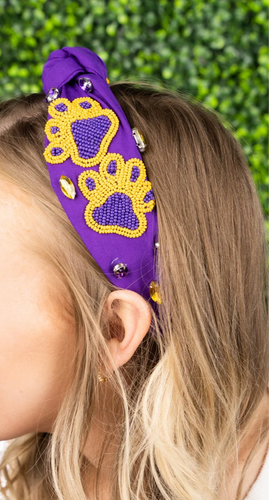 Purple & Gold Beaded Paw Print Headband