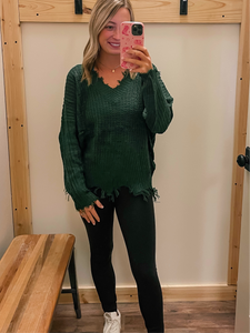 Hunter Green Frayed Sweater