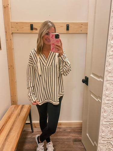 Cream & Black Stripe Hooded Top