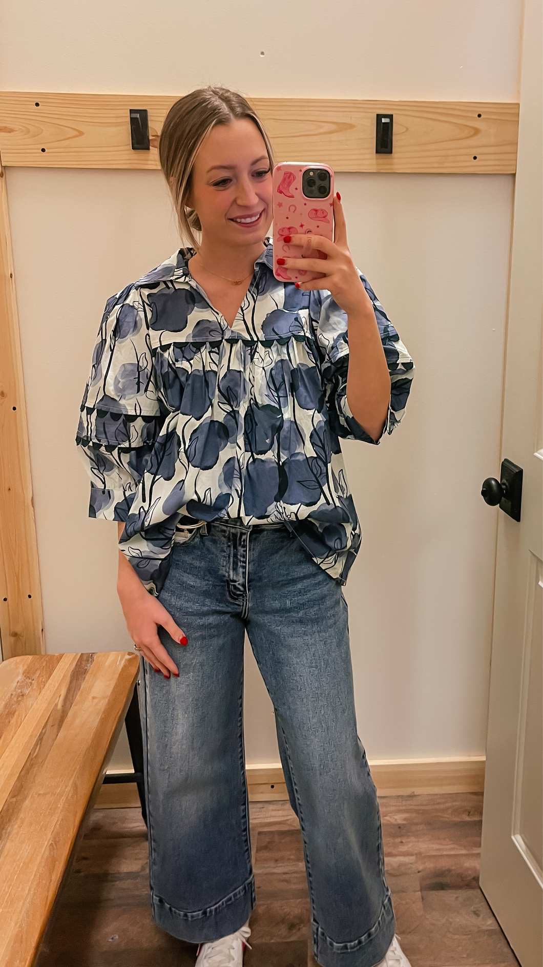 Blue Floral Button Up Top