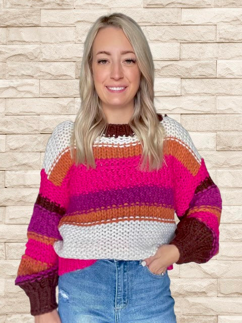 Pink Multi Stripe Chunky Crop Sweater