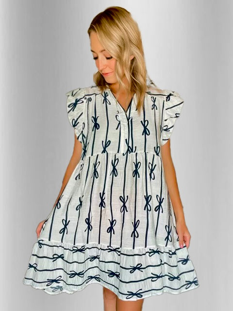 White & Navy Bow Dress