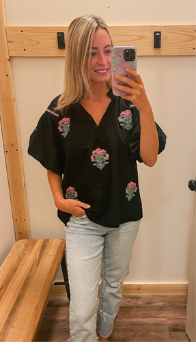 Black & Pink Embroidered Floral Top