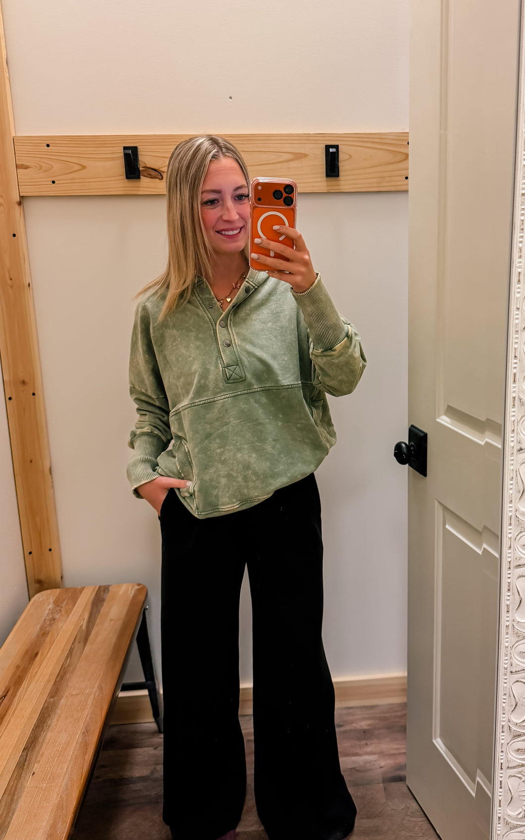 Olive Mineral Wash Hooded Top