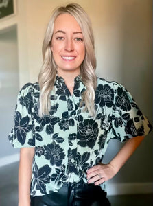 Sage & Black Floral Top