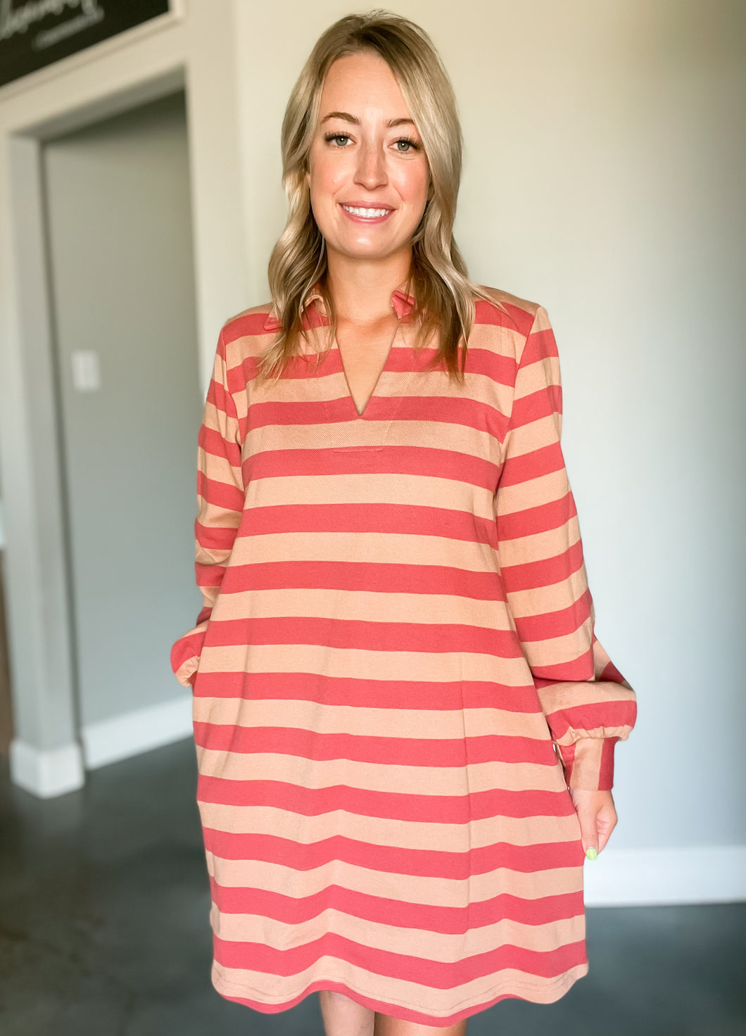 Rust & Tan Stripe Collared Dress