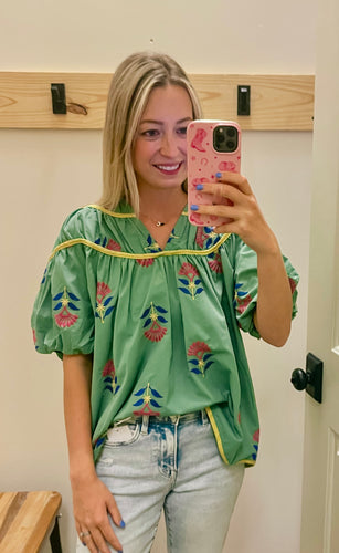Green Embroidered Floral Top