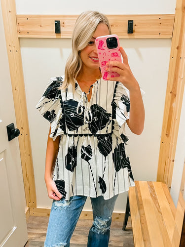 Black & White Floral Ruffle Top