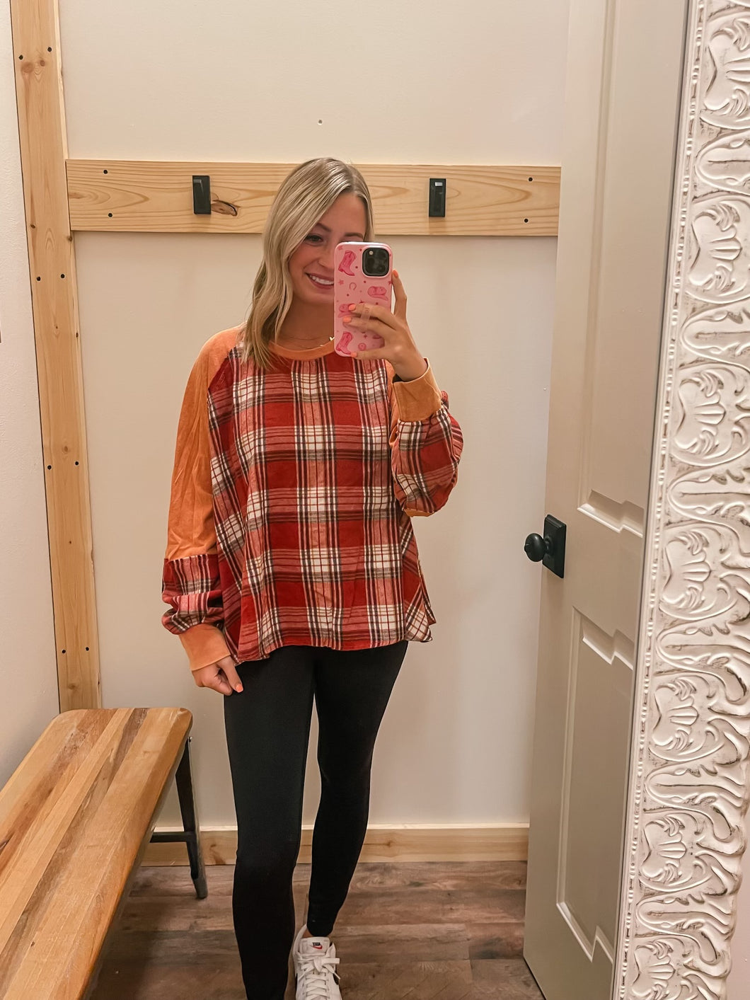 Red & Peach Plaid Top