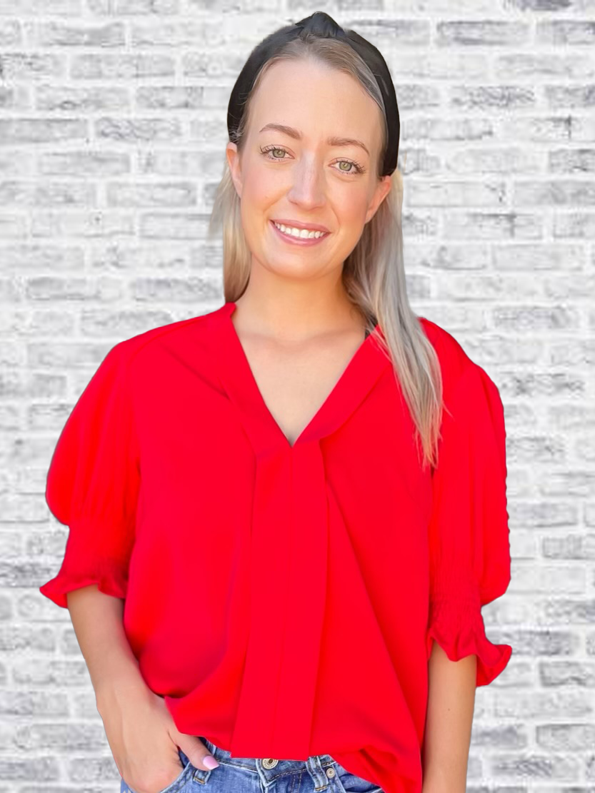 Red V-Neck w/ Ruched Sleeve Detail