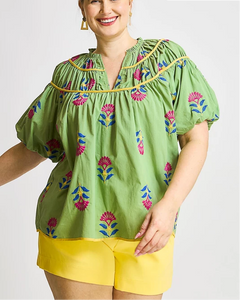 Green Embroidered Floral Top