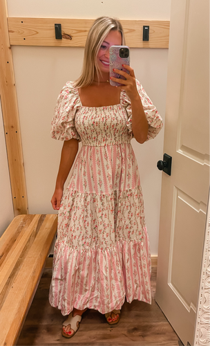 Pink Floral Smocked Maxi Dress