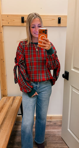 Red Plaid Pullover w/ Bow Detail
