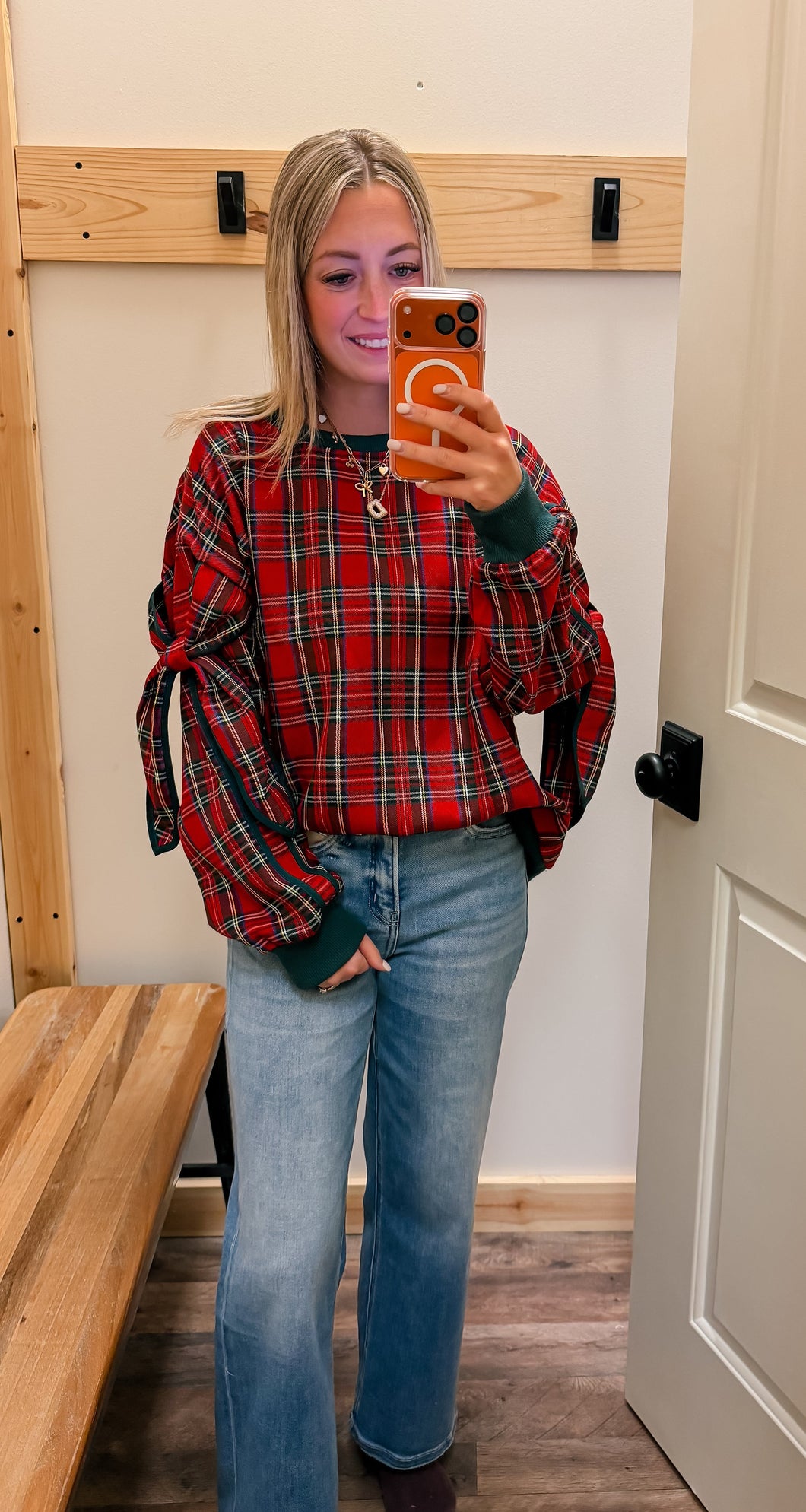 Red Plaid Pullover w/ Bow Detail